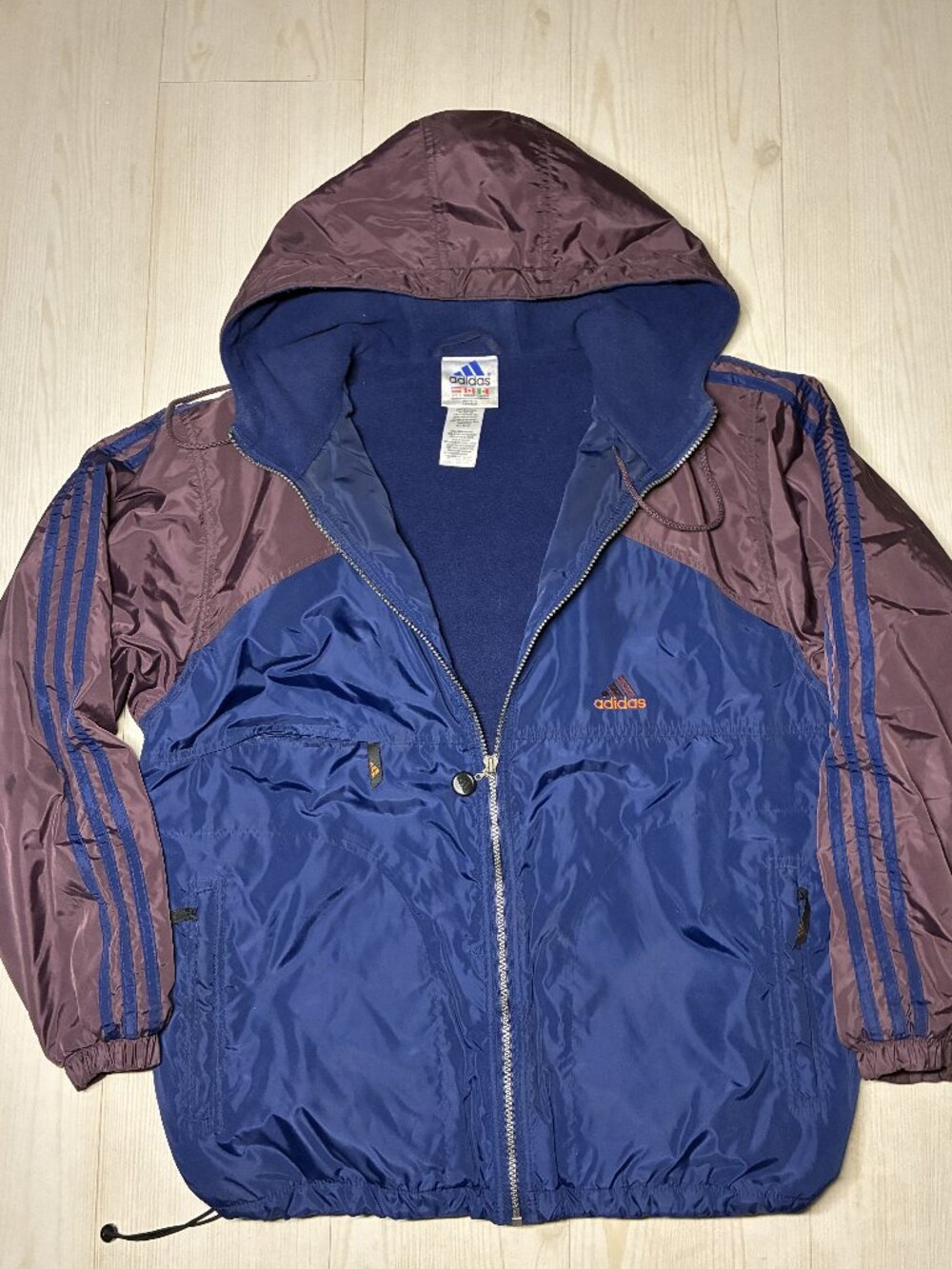 Vintage 90s Adidas Windbreaker Jacket Hooded Fleece Lined Blue Purple Men's S